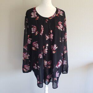 Daniel Rainn Top Tunic Plus 3X Artsy Floral Chiffon & Knit Back Pleat Popover